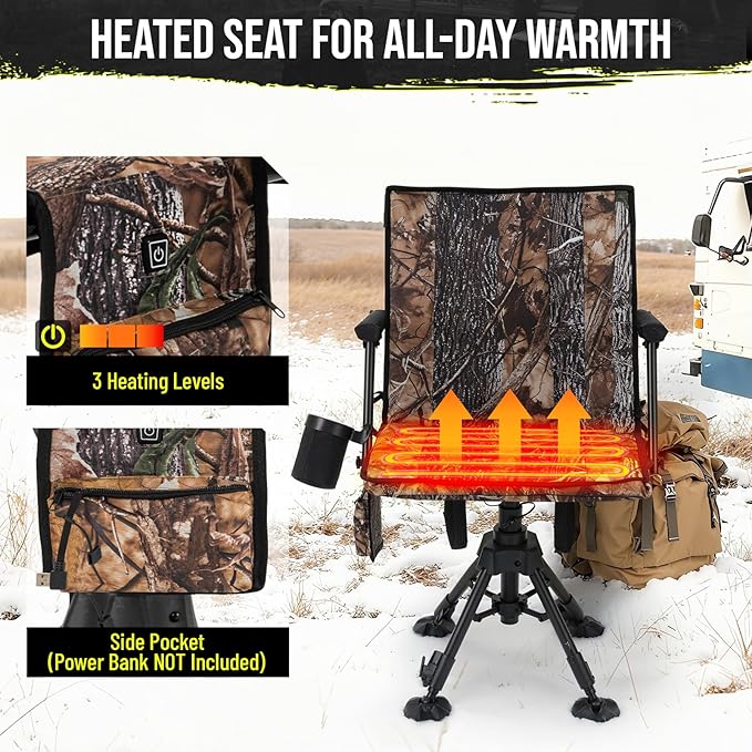 HUNTSEN 360° Silent Swivel Hunting Chair for Blinds - Stable Portable Ground Blind Chair Adjustable 4 Legs & Seat Height Folding Outdoor Fishing Seat with Anti-Sink Feet Armrest - Supports 330lbs