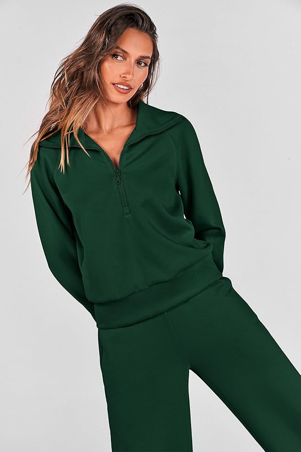 PRETTYGARDEN Women's 2 Piece Outfits Casual Lapel Half Zip Sweatshirts and Wide Leg Pants Tracksuit Sets