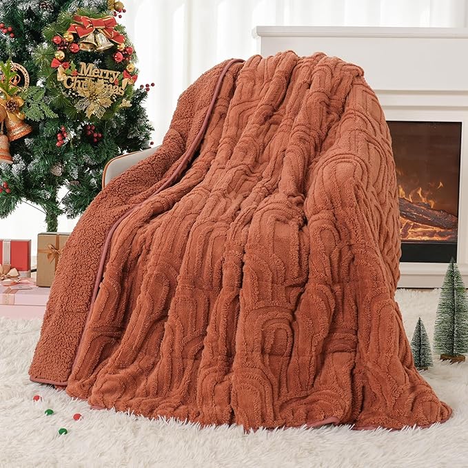 Cottonblue Jacquard Weighted Blanket for Adults 15 lbs Queen Size, Cozy Fluffy Sherpa Fleece Weighted Throw Blankets 60" x 80" for Sleep Relax, Fuzzy Warm Arch Heavy Blanket for Bed Couch, Rust Pink
