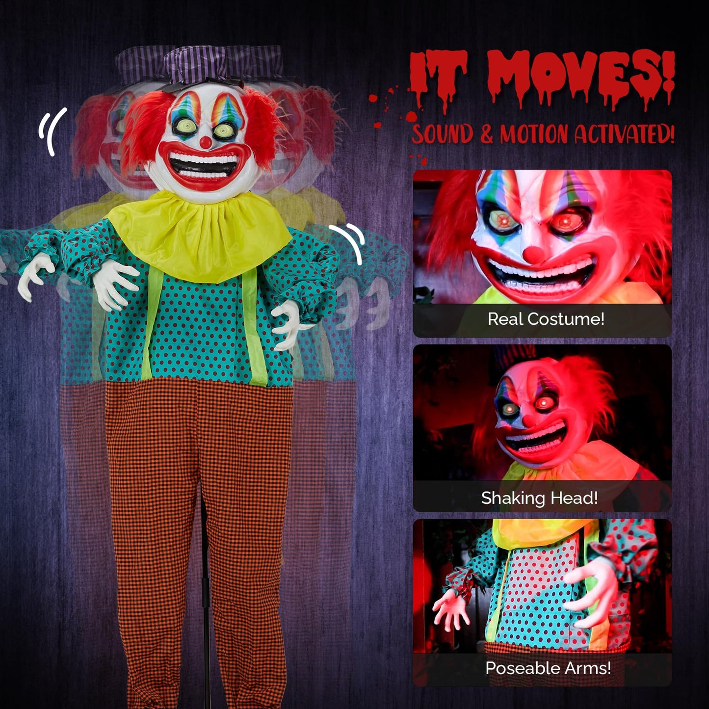 Holidayana Halloween Animatronics Creepy Clown，6FT Halloween Decor Animatronics Talking Outdoor Decorations with Voice Control Light Up Eyes Movable Arms for Indoor Party Prop and Outdoor Lawn Pa