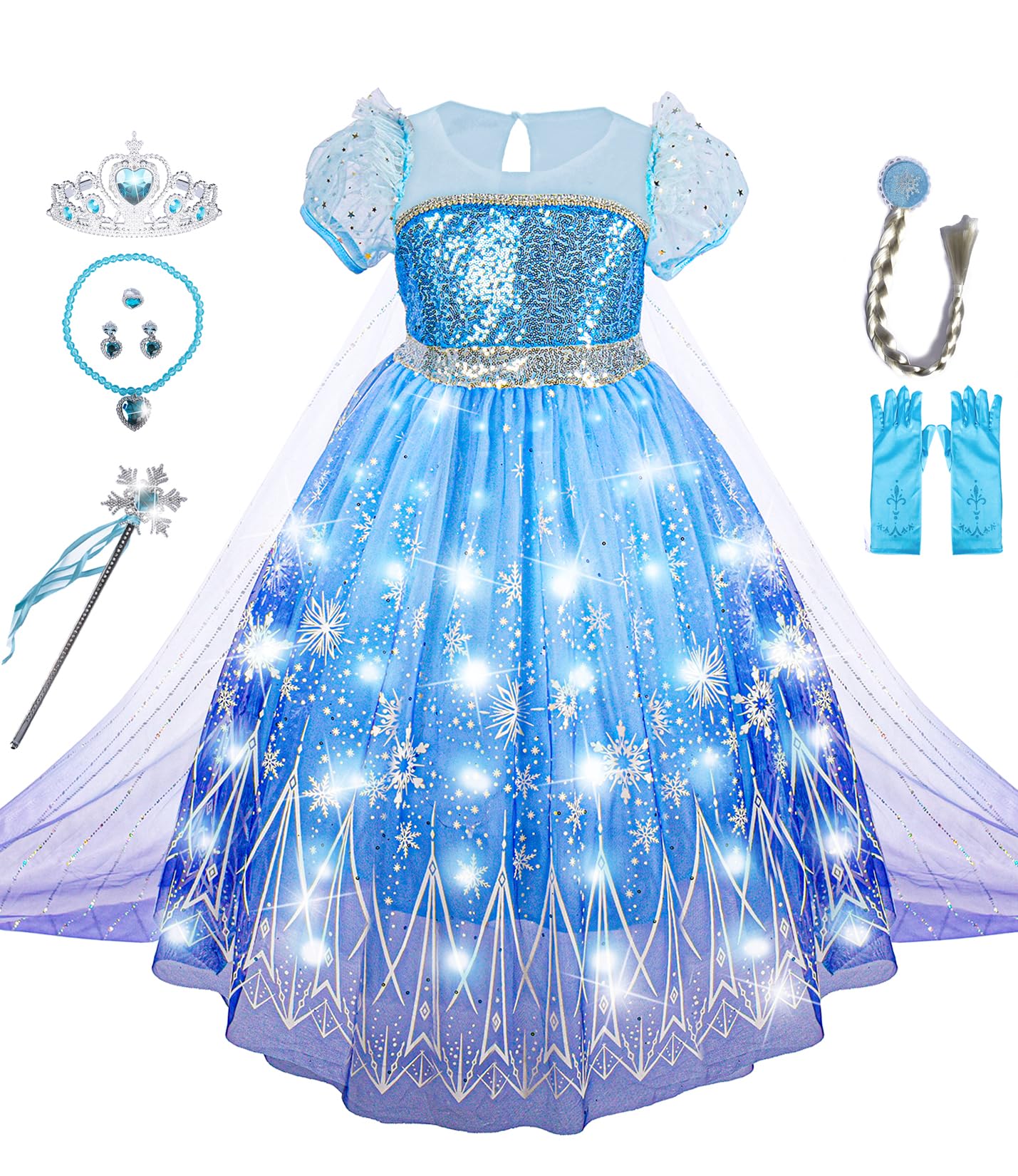 Aimeiar Light Up Girls Halloween Costume Snow Princess Dress Ice Christmas Costumes Toddler Kids Costume with Accessories