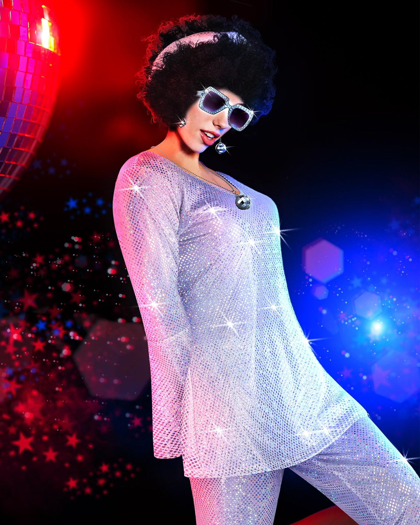 Halloween 70s Women Disco Outfit Costume Set Disco Party Top Pants Sunglasses Ball Necklace Earring Wig(White,Medium)