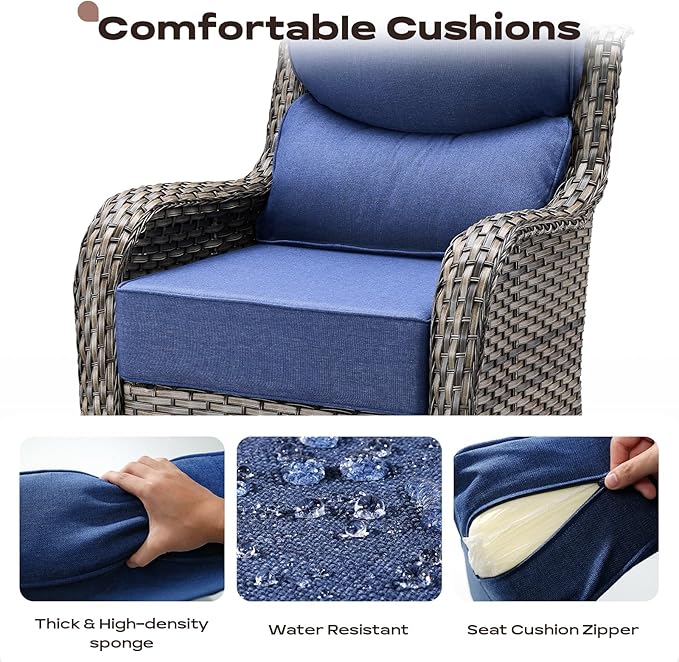 Rilyson Outdoor Patio Furniture Set - Weather Resistant Wicker,High Back,6 inch Cushions,4 Piece Patio Furniture Set with Swivel Rocker Chairs and Ottomans for Deck Porch Yard,Mixed Grey/Blue