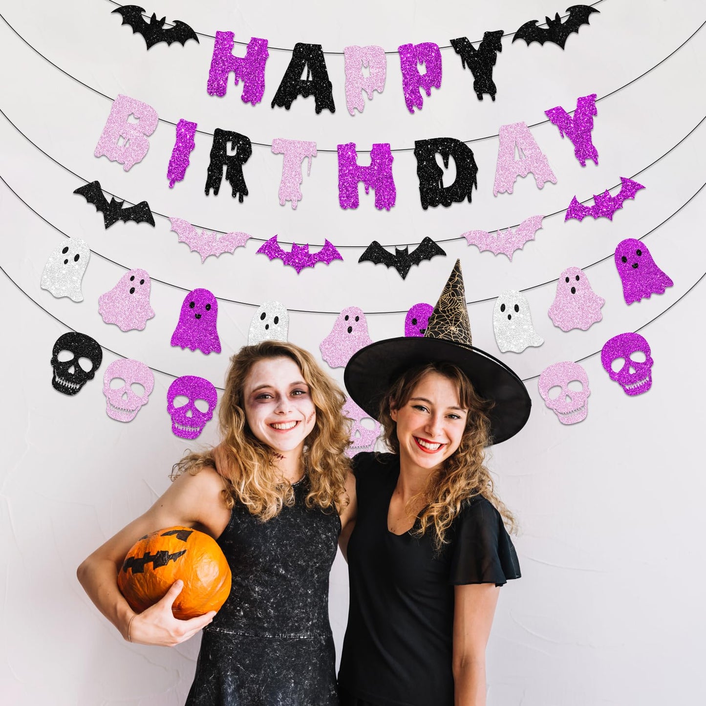 Pink and Black Happy Halloween Birthday Decorations, Glitter Banner Ghost Garland Bat Skeleton Garland, Spooky Decorations for Boy Girl Halloween Birthday Party Supplies