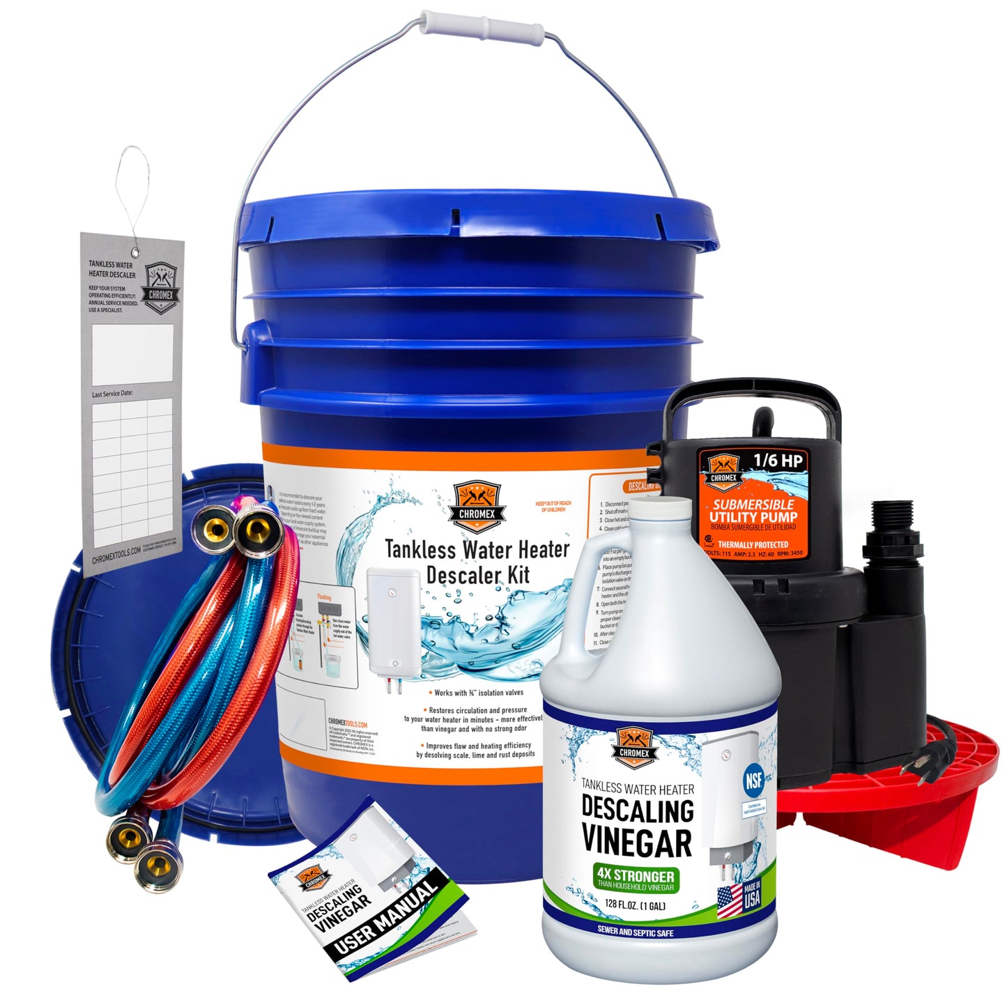 Chromex Tankless Water Heater Flush Kit with NSF Certified Concentrated Vinegar, Dilutes to 4 Gallons and 1/6HP Extra Strength Pump