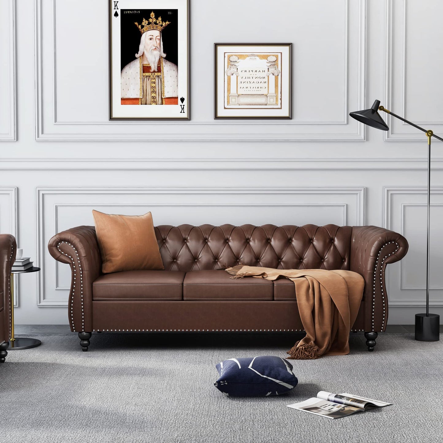 ONCIN Chesterfield Sofa Leather for Living Room, 3 Seater Sofa Tufted Couch Faux Leather with Rolled Arms and Nailhead for Living Room, Bedroom, Office, Apartment (Dark Brown)