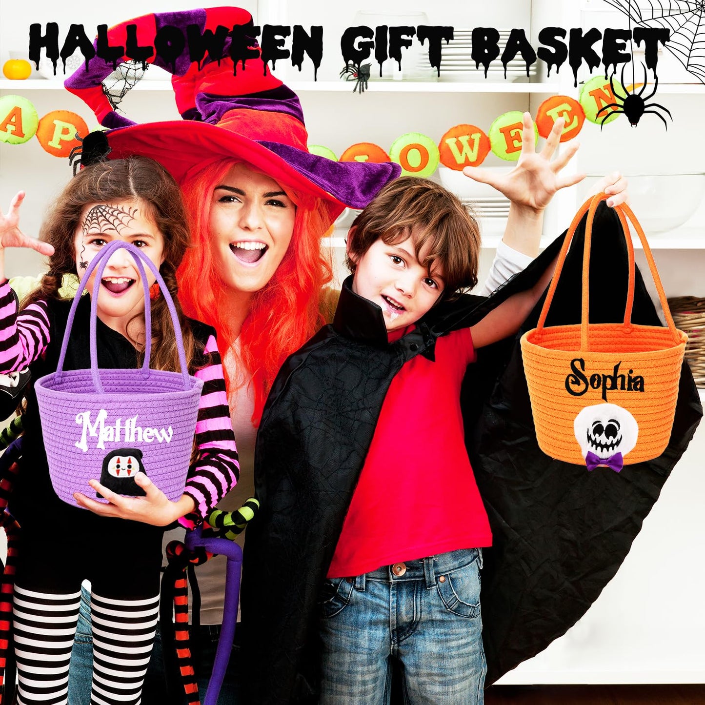 Personalized Halloween Basket Custom Embroidered Name Halloween Trick or Treat Bag for Kids，Halloween Custom Ghost Bucket
