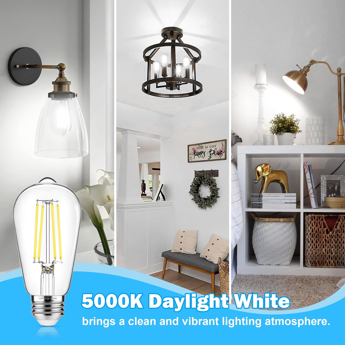 ASOMST 4-Pack Vintage Edison LED Bulbs, 60W Equivalent, 850LM 6W Edison Light Bulb Daylight White 5000K, ST58 LED Filament Bulb E26 Base, Non-Dimmable