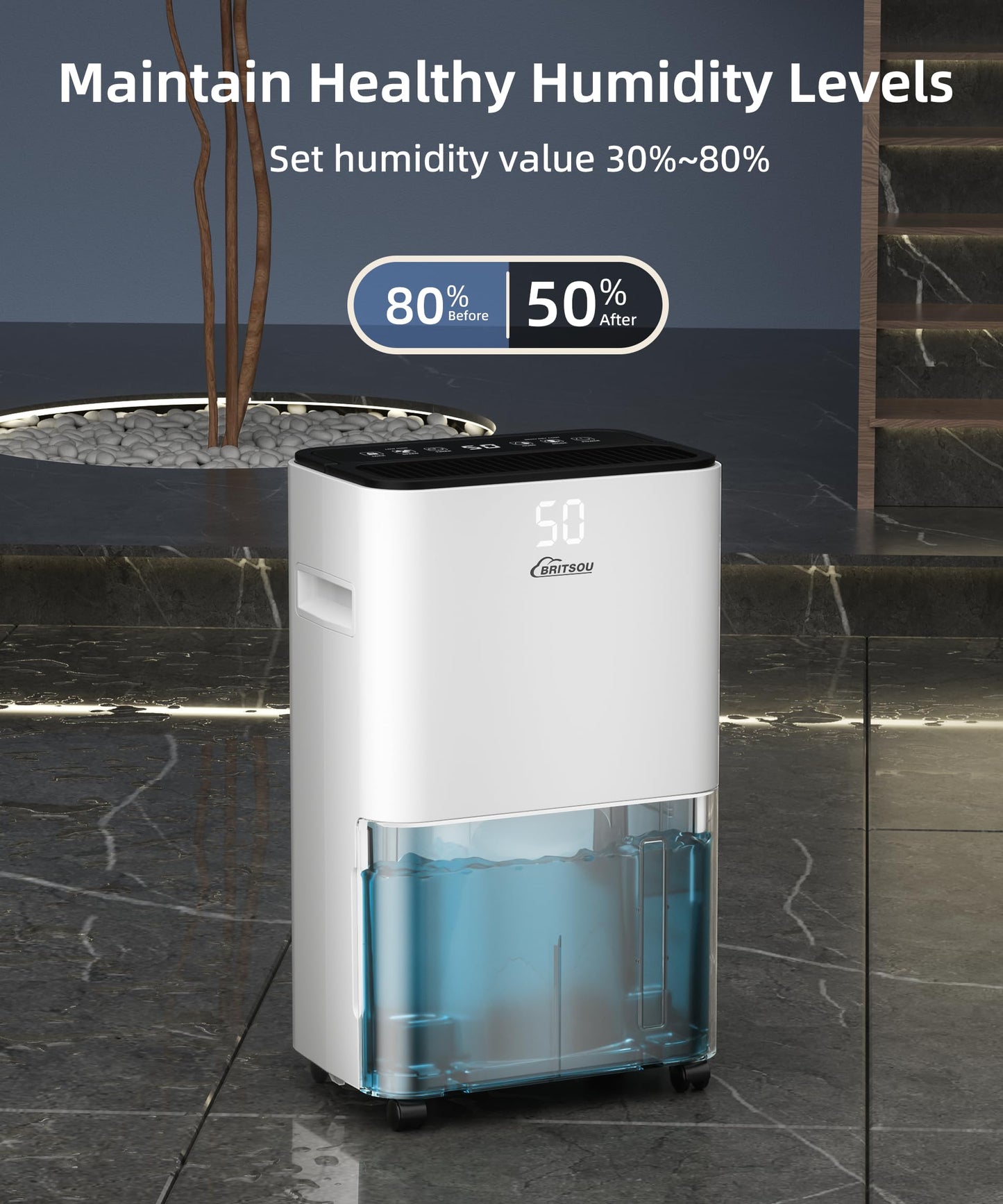 BRITSOU 34 Pint Dehumidifier for Basement with Drain Hose & 0.66 Gallon Water Tank, Manual & Auto Drainage, Smart Quiet Dehumidifiers for Home with Auto Shut off, 24HR Timer