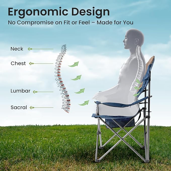 Foristrail 2 Pack Folding Camping Chairs for Adults - High Back Padded Outdoor Lawn Chairs with Lumbar Support & Cup Holder, 400lbs Heavy Duty Portable Camping Chairs Set (Light Blue & Brown, 2 PCS)