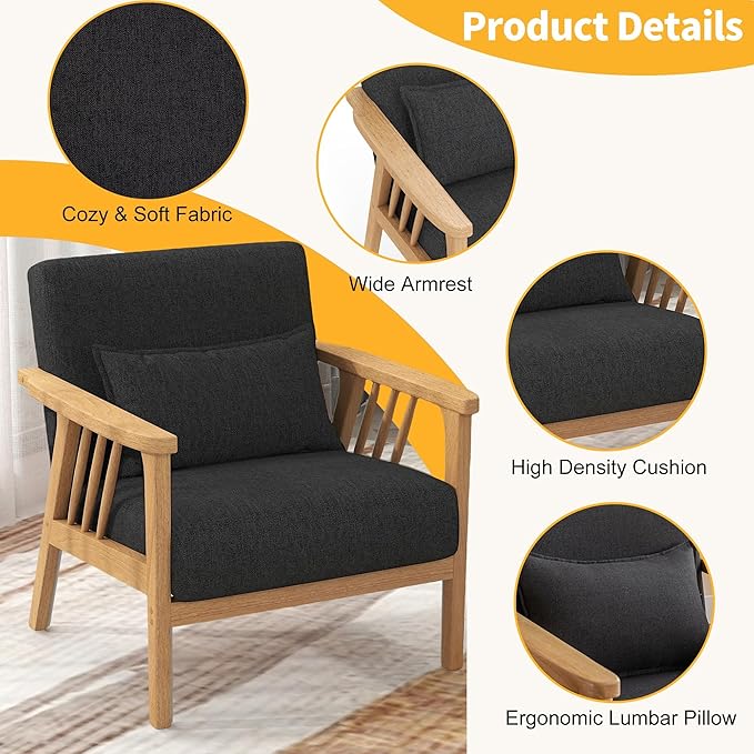 SEYNAR Mid-Century Accent Chair, Linen Fabric Armchair and Lounge Chair with Lumbar Pillow, Wide Seat & Solid Wood Frame for Living Room, Bedroom or Balcony(Dark Gray)