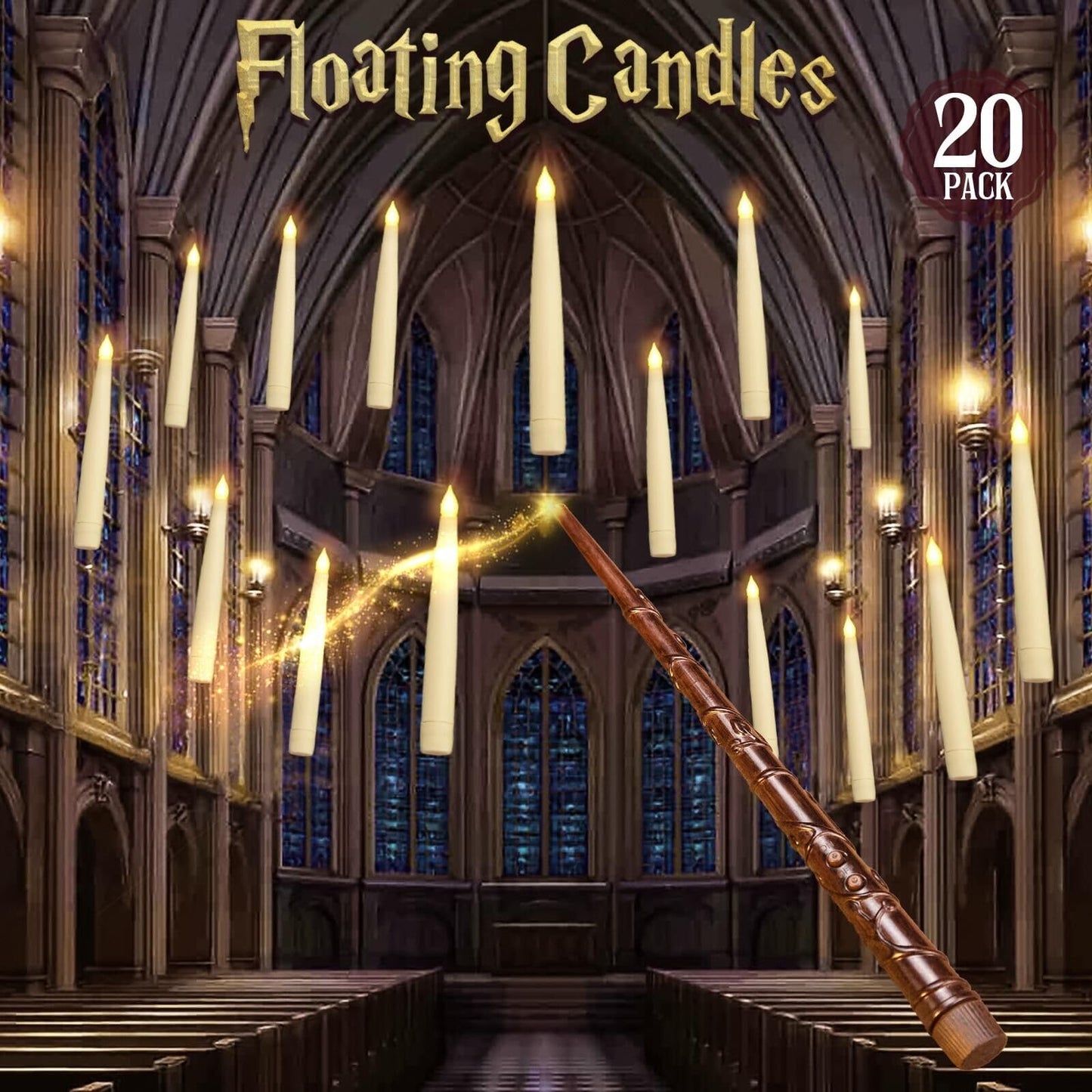 Halloween Decorations - Floating Candles with Wand - 20 Pcs Magic Hanging Flameless Floating LED Candles with Wand Remote - Decor for Indoor Outdoor Home Room Theme Party Birthday Gift