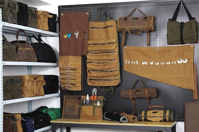 Tool Bag with Zipper, Heavy Duty 16oz Waxed Canvas Wide Mouth Tool Tote Bag, 13-inch Muti-Purpose Storage Tool Pouch with Side Pockets
