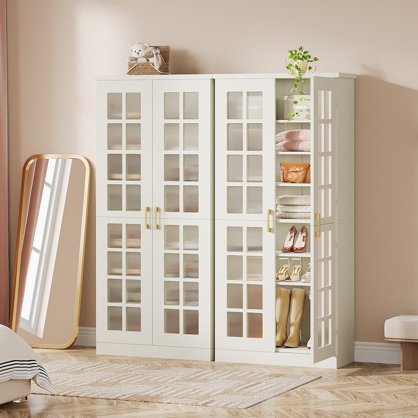 Tribesigns 71-Inch Tall Shoe Cabinet with Doors, 8-Tier Shoe Storage with Adjustable Shelves, Modern Shoe Organizer Shoe Rack Cabinet for Entryway, Hallway, Closet, Living Room, White and Gold