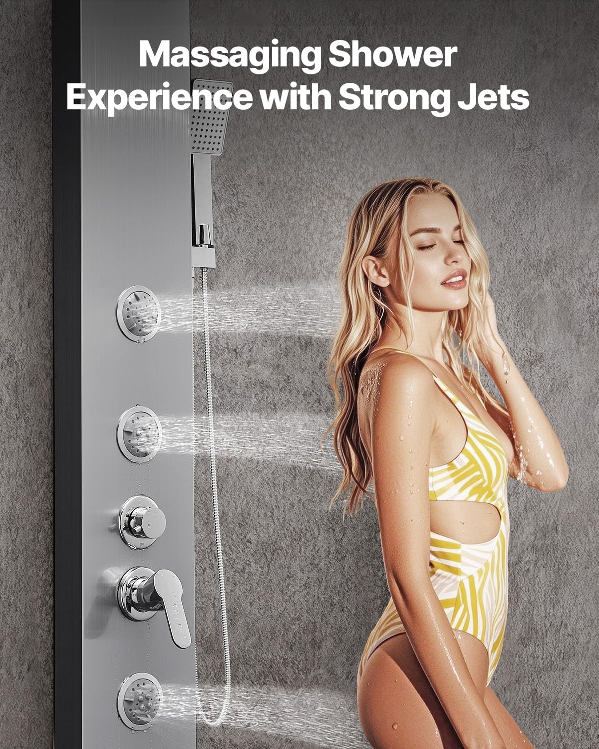 VEVOR Shower Panel Tower System with Rainfall Waterfall Shower Head, 53 in Brushed Stainless Steel Shower Column, 5-Function Faucet, Wall-Mount Rain Massage System with 3 Body Jet, Handheld, Tub Spout