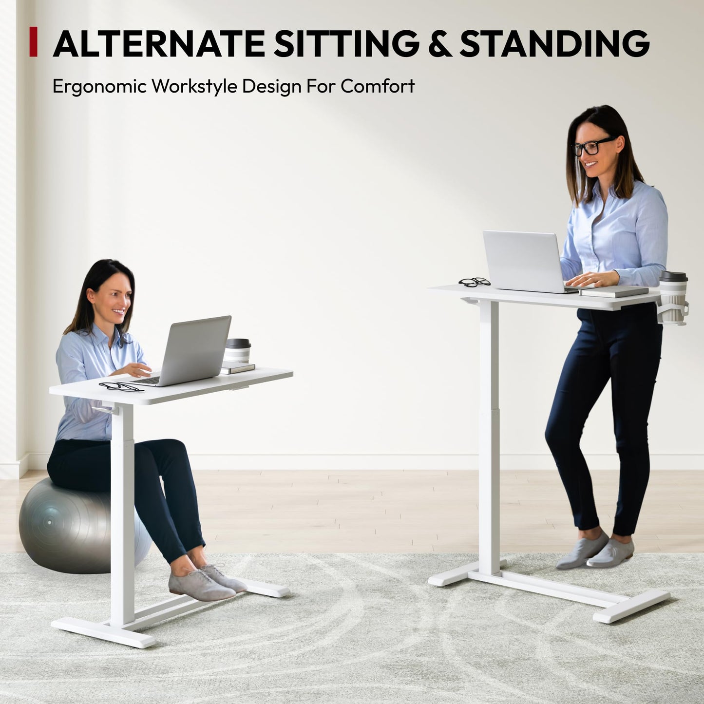SANODESK Mobile Standing Desk with Hidden Wheels,Pneumatic Laptop Desk Rolling Computer Cart Movable Height Adjustable Small Sit Stand Desk for Home Office(27.6" W x 15.7" D, White)