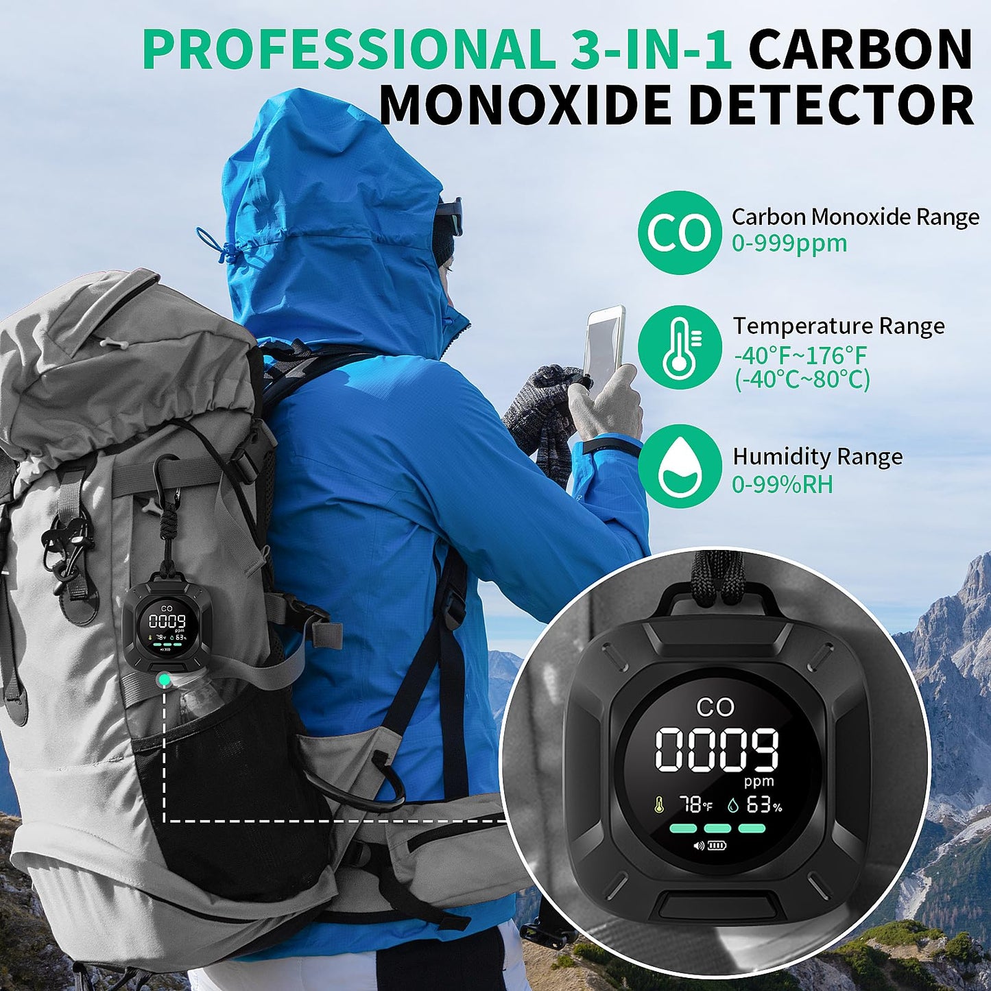 Carbon Monoxide Detectors, 3-in-1 CO Detector Portable Carbon Monoxide Detector with Magnetic Suction, Travel Carbon Monoxide Detector with Temp and humi Sensor, Rechargeable Battery for 480H Standby