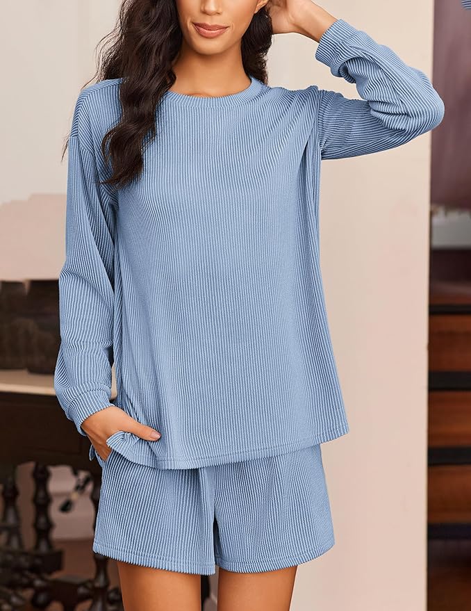 Ekouaer 2 Pieces Lounge Set for Women Long Sleeve Pajamas Top and Shorts Matching Sets Outfits with Pockets