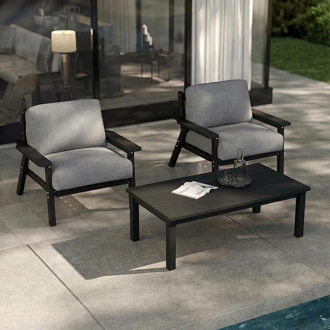Patio Kingdom Patio Furniture Set with Washable Thick Gray Cushions, HDPE Outdoor Couch, All-Weather Outdoor Sectional Furniture, Patio Conversation Sets for Lawn, Garden, Porch (Black Frame)