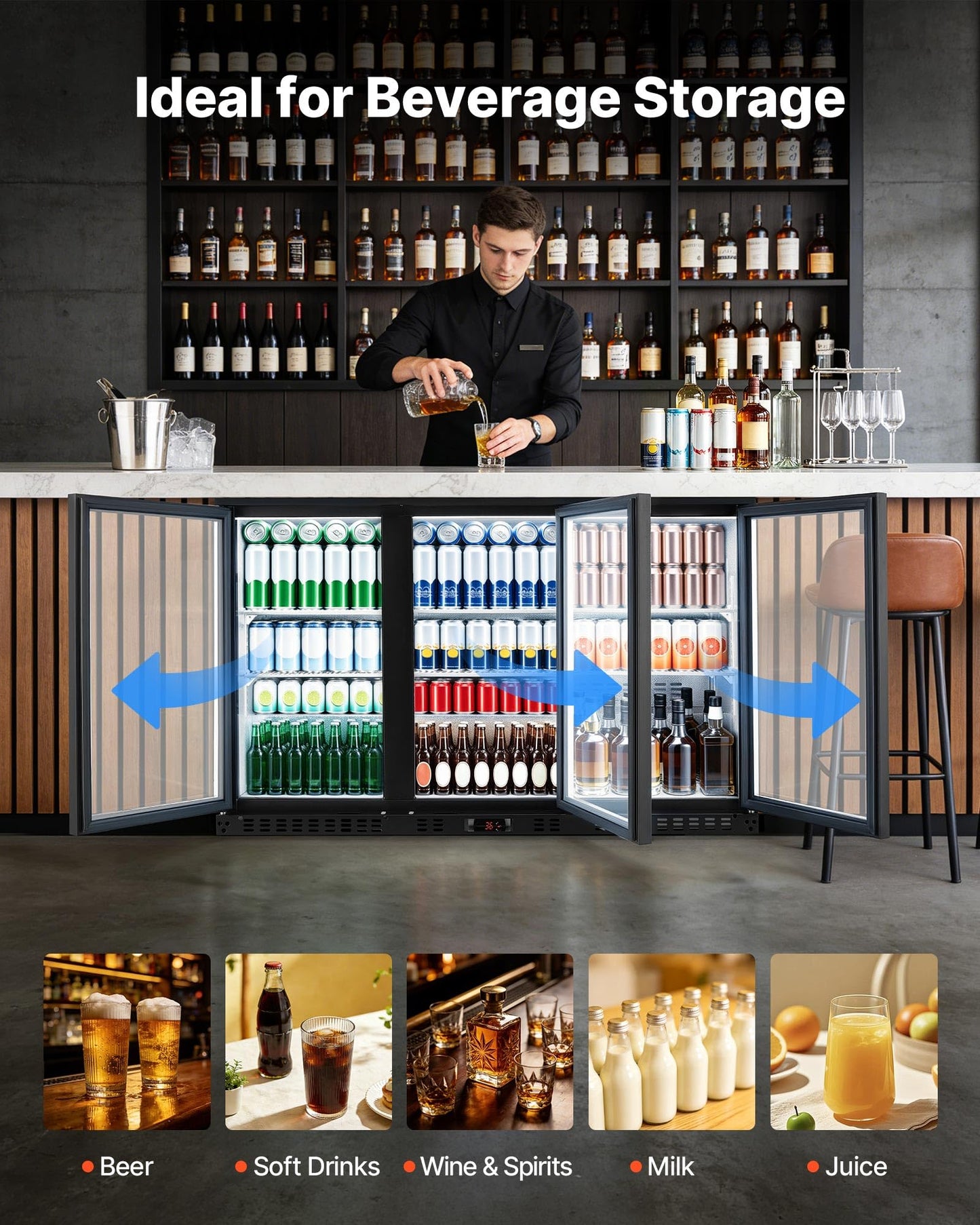 VEVOR Back Bar Cooler, 11.4 Cu.Ft Commercial Beverage Refrigerator with 3 Glass Door, Large Under Counter Fridge w/LED Lighting, Shelf, Low-E Glass Display Cooler for Store, Lobby, Restaurant, Pub