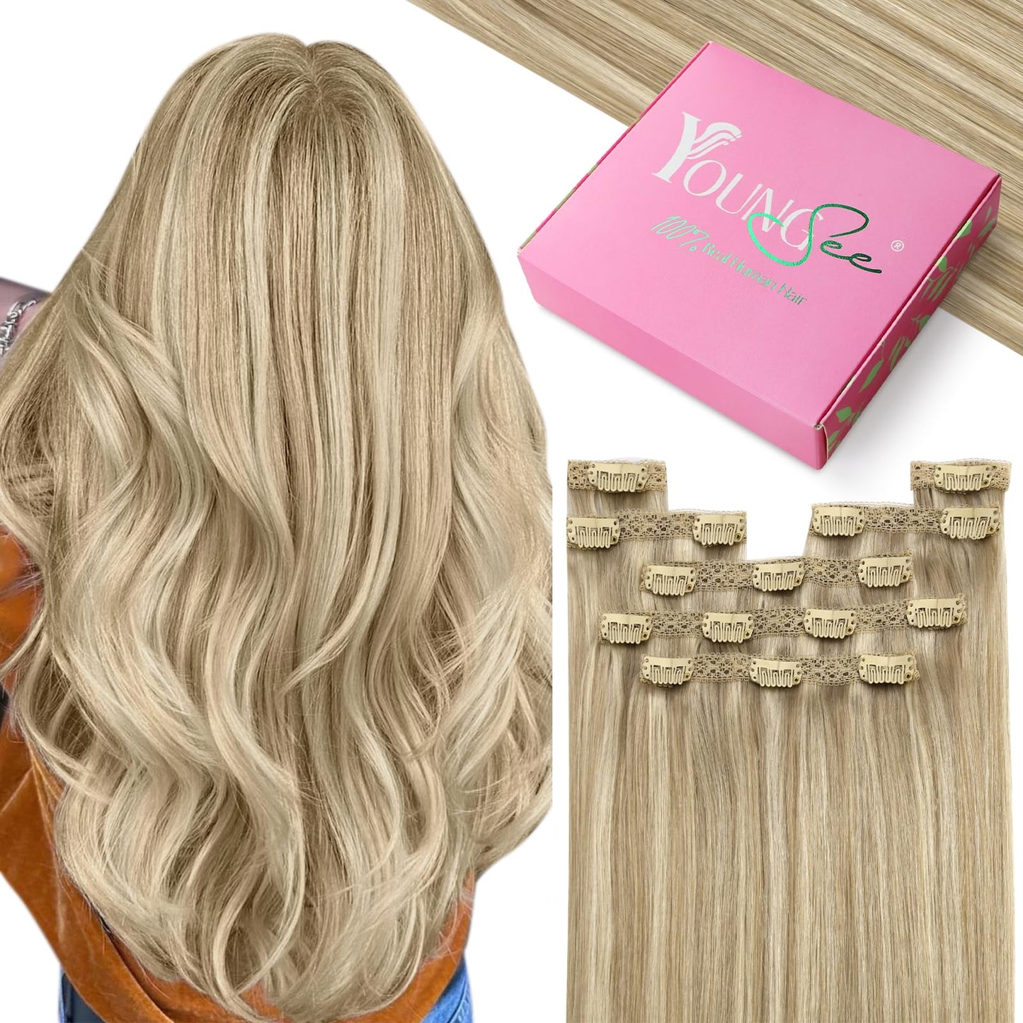 YoungSee Clip in Human Hair Extension Highlight Clip in Extensions with Lace Light Blonde Mixed Golden Blonde Highlight 7Pcs 20I