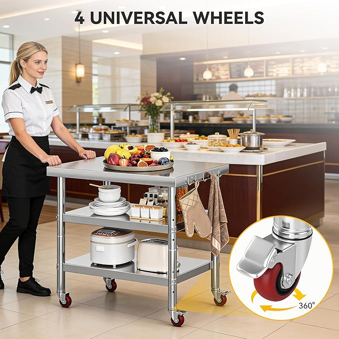 DWVO 36x24in Stainless Steel Table, NSF Metal Prep Worktable with 2 Adjustable Shelves & Wheels for Kitchen Restaurant Hotel Garage Warehouse Home