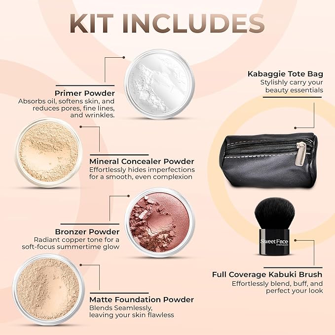 6pc FULL SIZE KIT KABUKI & KABAGGIE Tote Mineral Makeup Set Matte Foundation Bare Face Sheer Powder Cover (Fair 2)