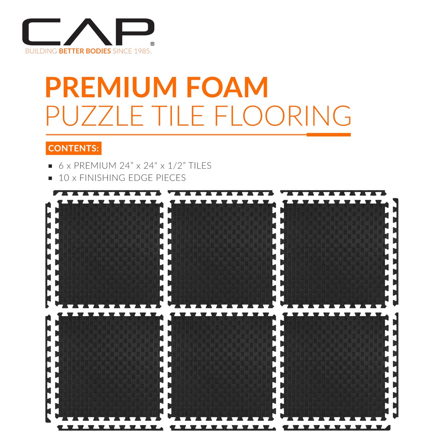 CAP Barbell 1/2-Inch Interlocking EVA Foam Exercise Puzzle Mat Home Gym Flooring - 1 Pack | 24" x 24" x 1/2" | Tatami Pattern - Black