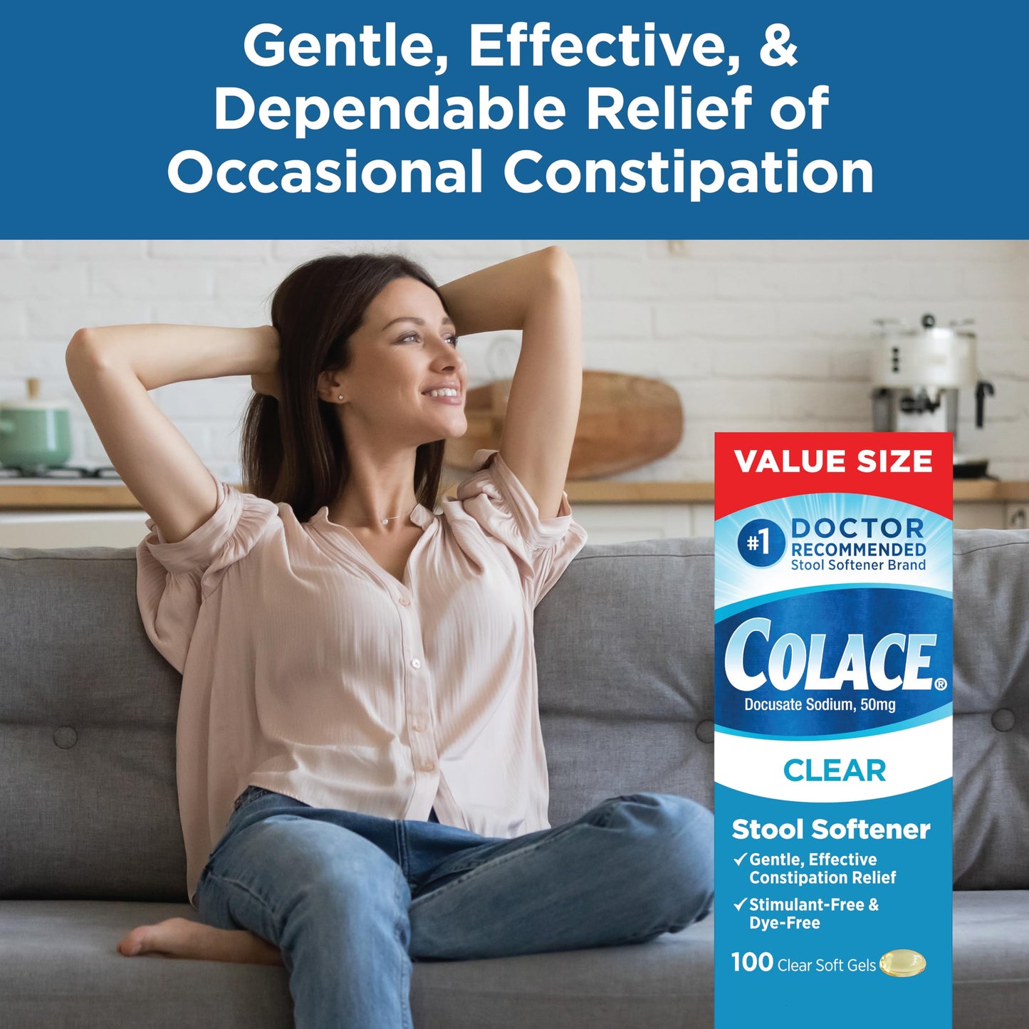 Colace Clear Stool Softener for Gentle Effective Constipation Relief, #1 Doctor Recommended Stool Softener Brand, Dye Free, 50 mg Docusate Capsules, 100 Count