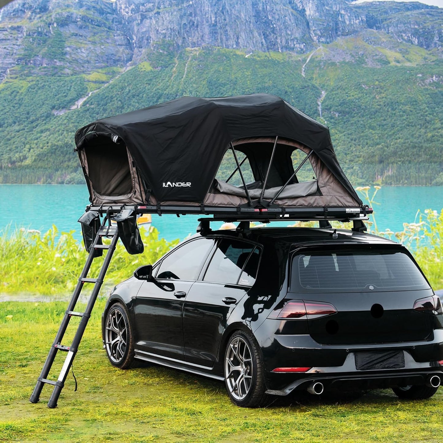 ILANDER Rooftop Tent Hardshell for SUV Van Jeep Truck Car, Aluminum Alloy Rooftop Tent with Two Support Poles, Waterproof and UV-Resistant Overland Roof Tents Camping for 2-3 Person (1.4M)