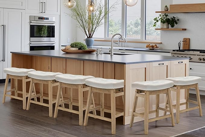 RNKSFX Counter Height White Bar Stools Set of 6 for Kitchen Counter Farmhouse Modern Barstools with Faux Leather Upholstered Backless Seat and Solid Wood Legs 24 inch Bar Chairs, White + Wood Color