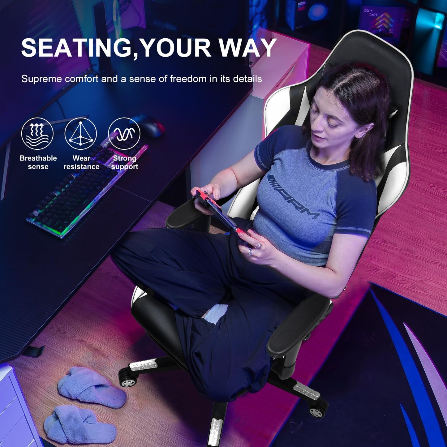 GTPLAYER Gaming Chair with Footrest, Ergonomic Computer Game Desk Chair, Reclining Game Chair Seat Height Adjustment, Swivel Rocker with Headrest and Lumbar (White)