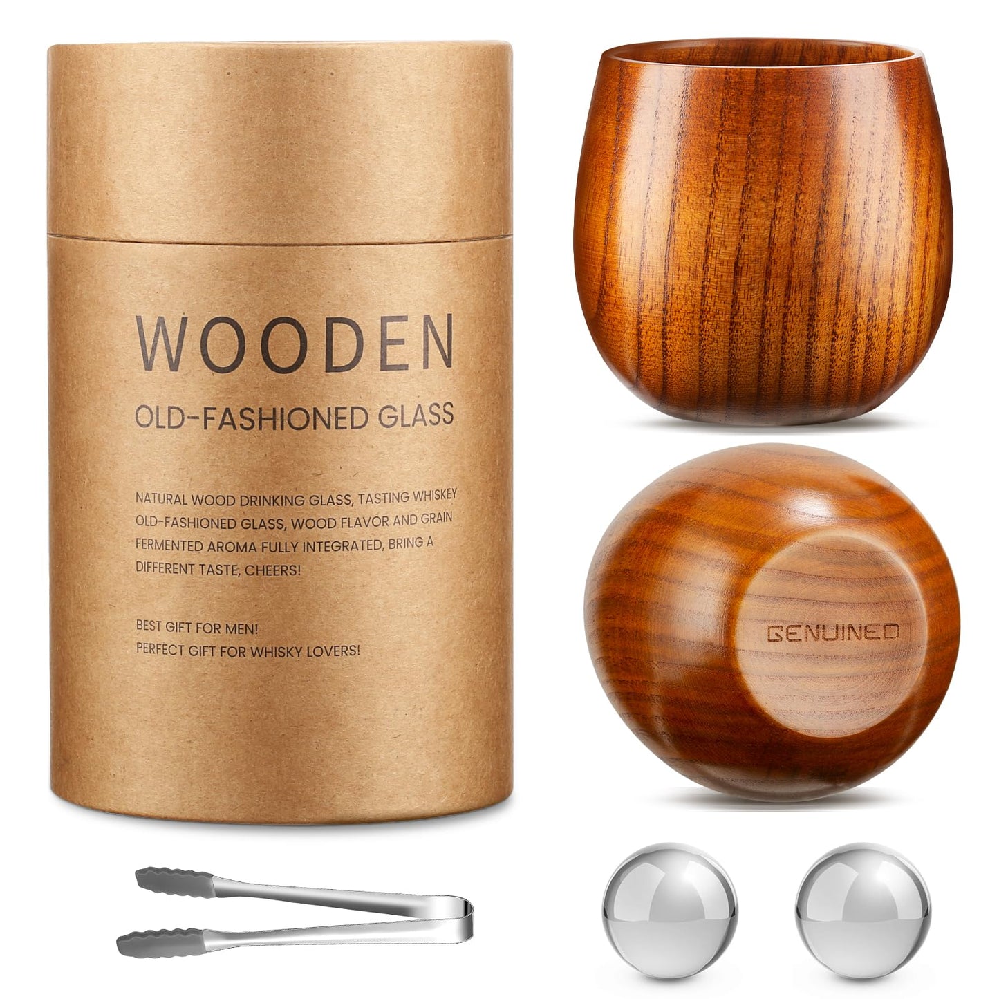 GENUINED Wooden Whiskey Glasses Set of 2, Bourbon Gifts for Men, Anniversary Birthday Gifts, Old Fashioned Wood Bourbon Drinking Glass