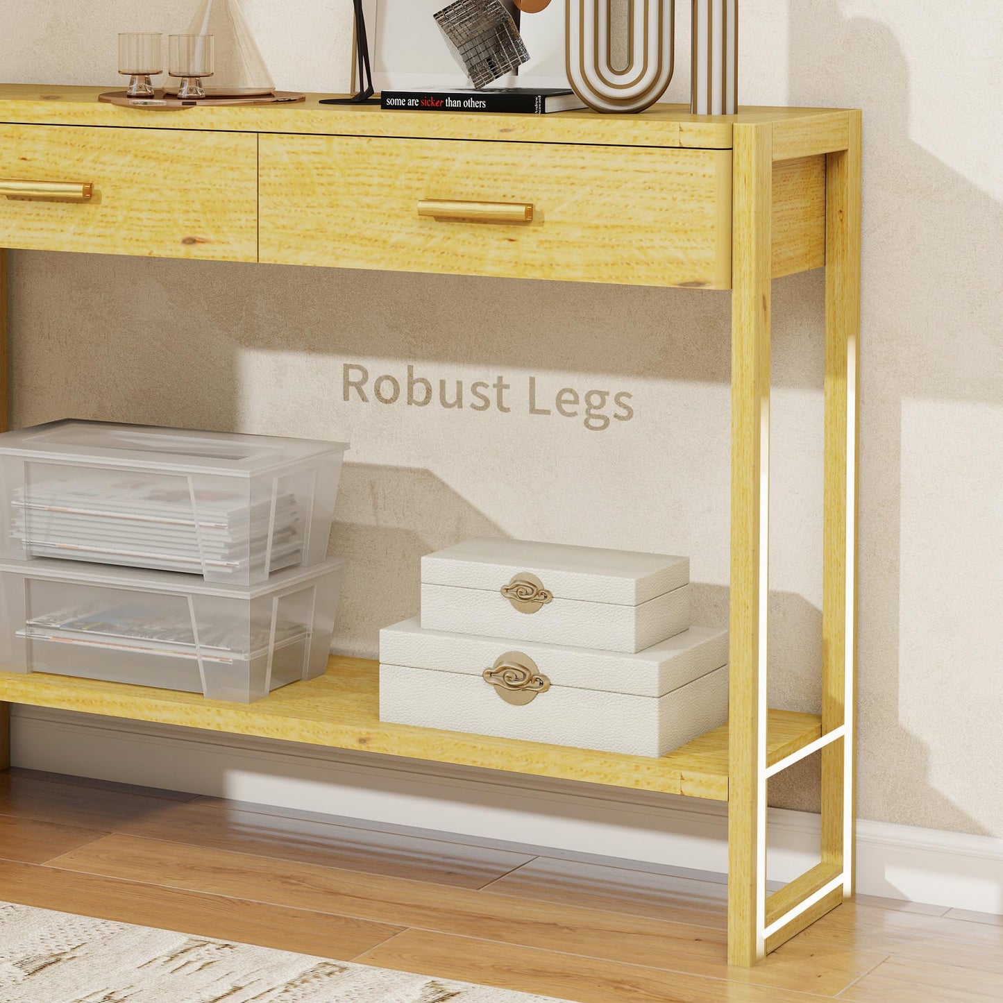 Edospaen Solid Wood Console Table with Storage Entryway Table with 2 Drawers Shelf & Reinforced Legs