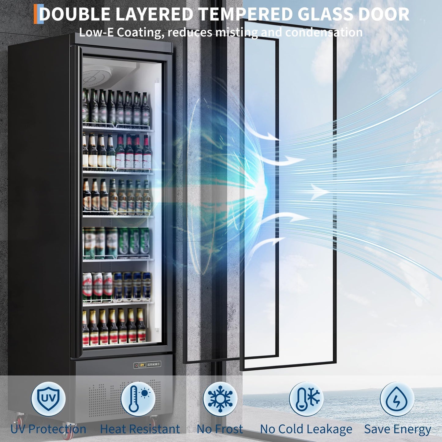 IDEALHOUSE Commercial Merchandiser Refrigerator, 13.4 Cu.Ft, Glass Door, Beverage Cooler, 5 Adjustable Shelves, Bar Fridge, Commercial Display, Large Capacity, Black, For Restaurant, Store, Bar