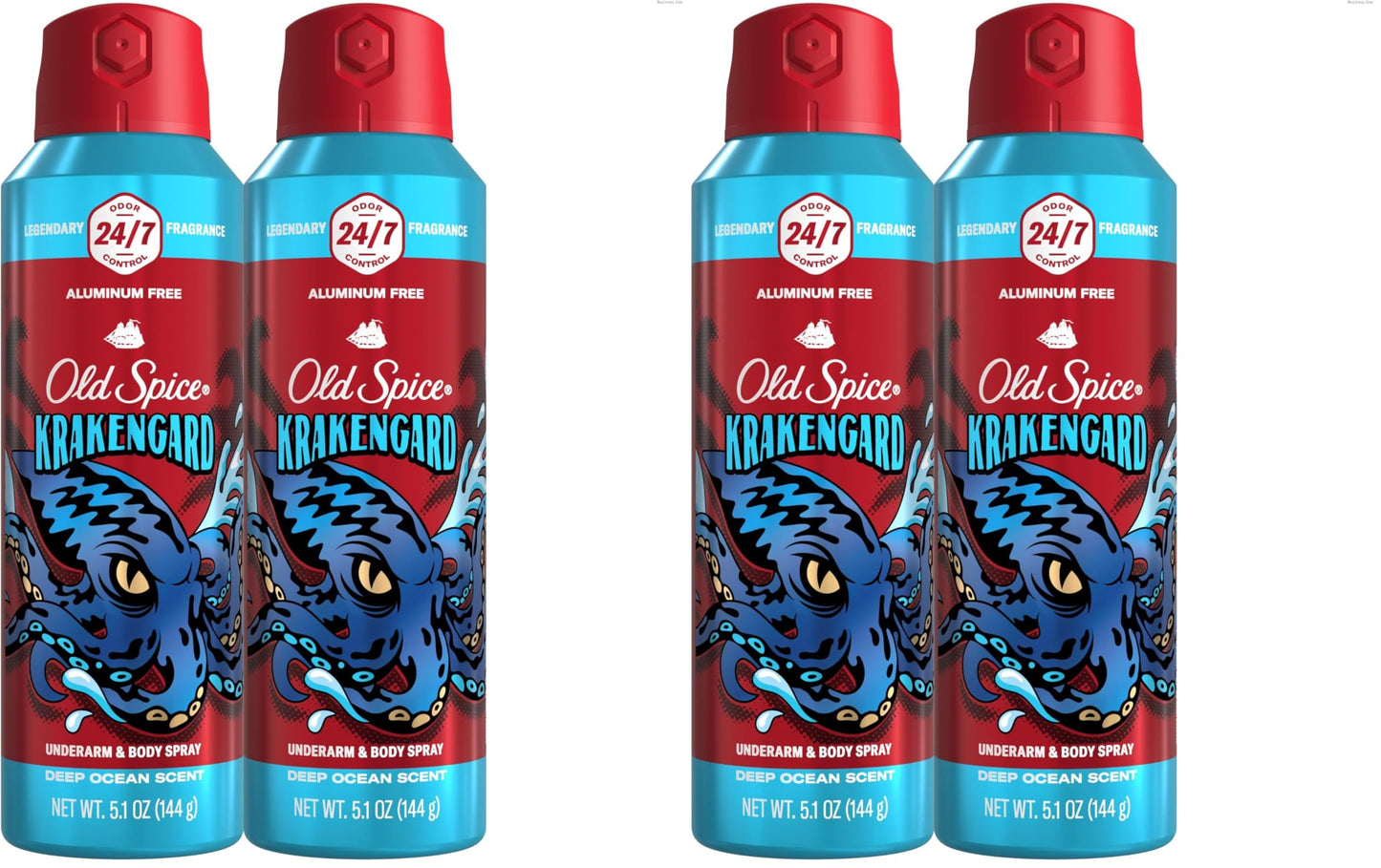 Old Spice Aluminum Free Body Spray for Men, Krakengard, 5.1 Oz (Pack of 4)