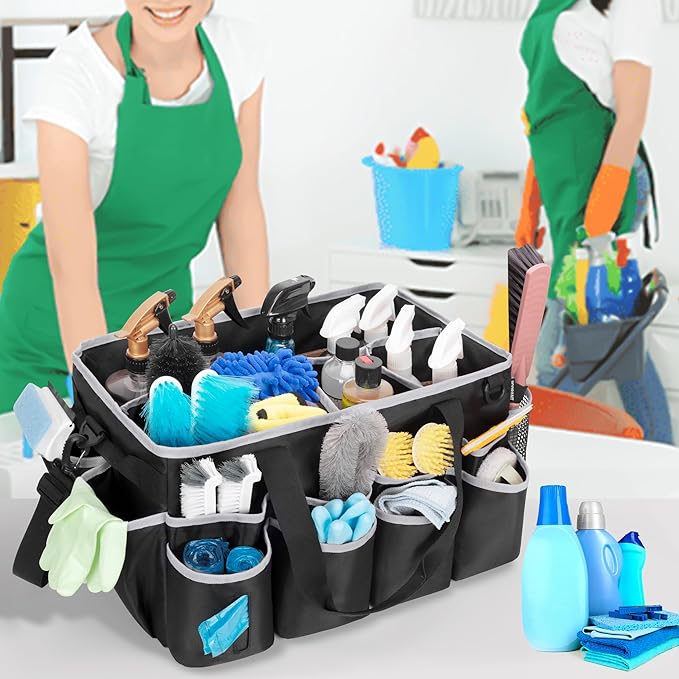 Extra-Large Wearable Cleaning Caddy, Organizer Bag for Products, Housekeeper Tote With Pad, Handle & Divider, Car Wash Tools Bag for Detailing Supplies, Gray Edge