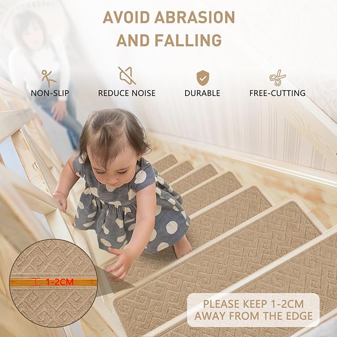 Stair Treads for Wooden Steps, 8" X 30" Non Slip Stair Runner Carpet Indoor with Reusable Adhesive Backing, Soft Tread Mat for Stairs, Ideal for Home Kid Dog, Polyester TPR Backing Stair Rugs-4 Pack