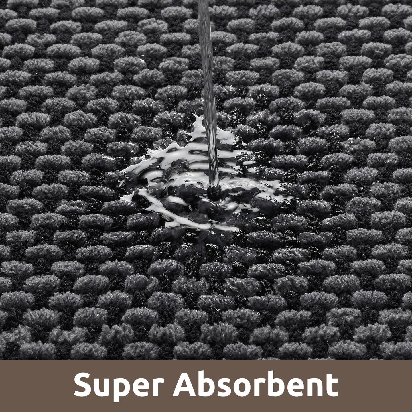 AMOAMI Chenille Bath Mat Super Absorbent Bathroom Mat Quick Dry Low Pile Bath Mats for Bathroom Washable Rubber Backed Bathroom Runners Fit Under Door, Front of Bathtub, Sink, Darkgrey&Black 17"x59"