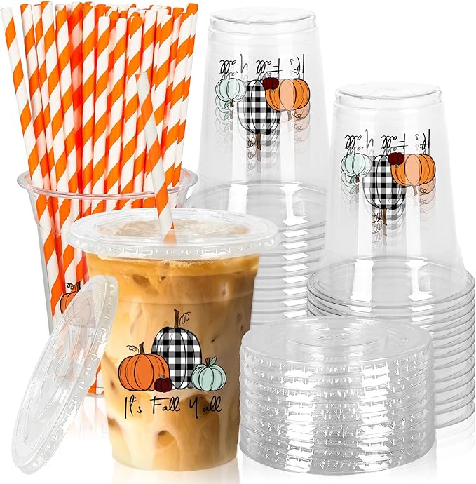 JarThenaAMCS 50Pcs Fall Plastic Cups with Lids and Straws Black White Plaid Pumpkin Clear Plastic Cups 12oz Pumpkin Dispos...