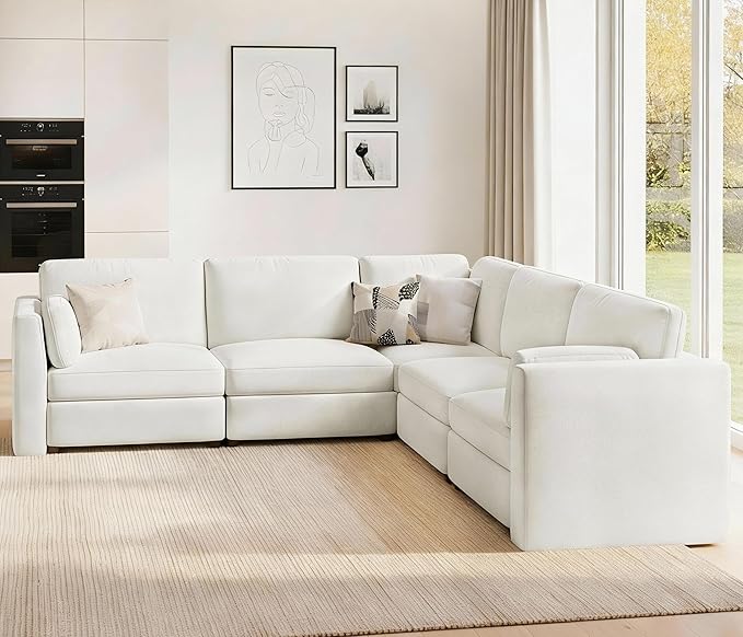 CUGOAO 117.7'' Modular Sectional Sofa, Oversized L-Shaped Sectional Couch, Deep Seat Chenille Cloud Couch, Removable Cover, Mordern Upholstered Couches for Living Room, Apartment, Office, Beige