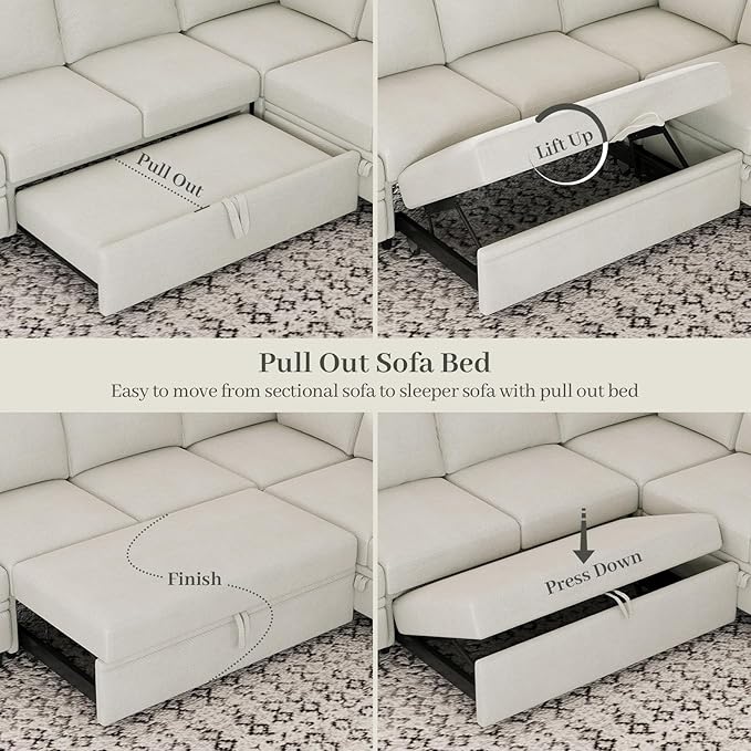 Belffin Oversized Sleeper Sofa U Shaped Modular Sectional Couch with Double Storage Chaise Convertible Sofa Bed. White Couch