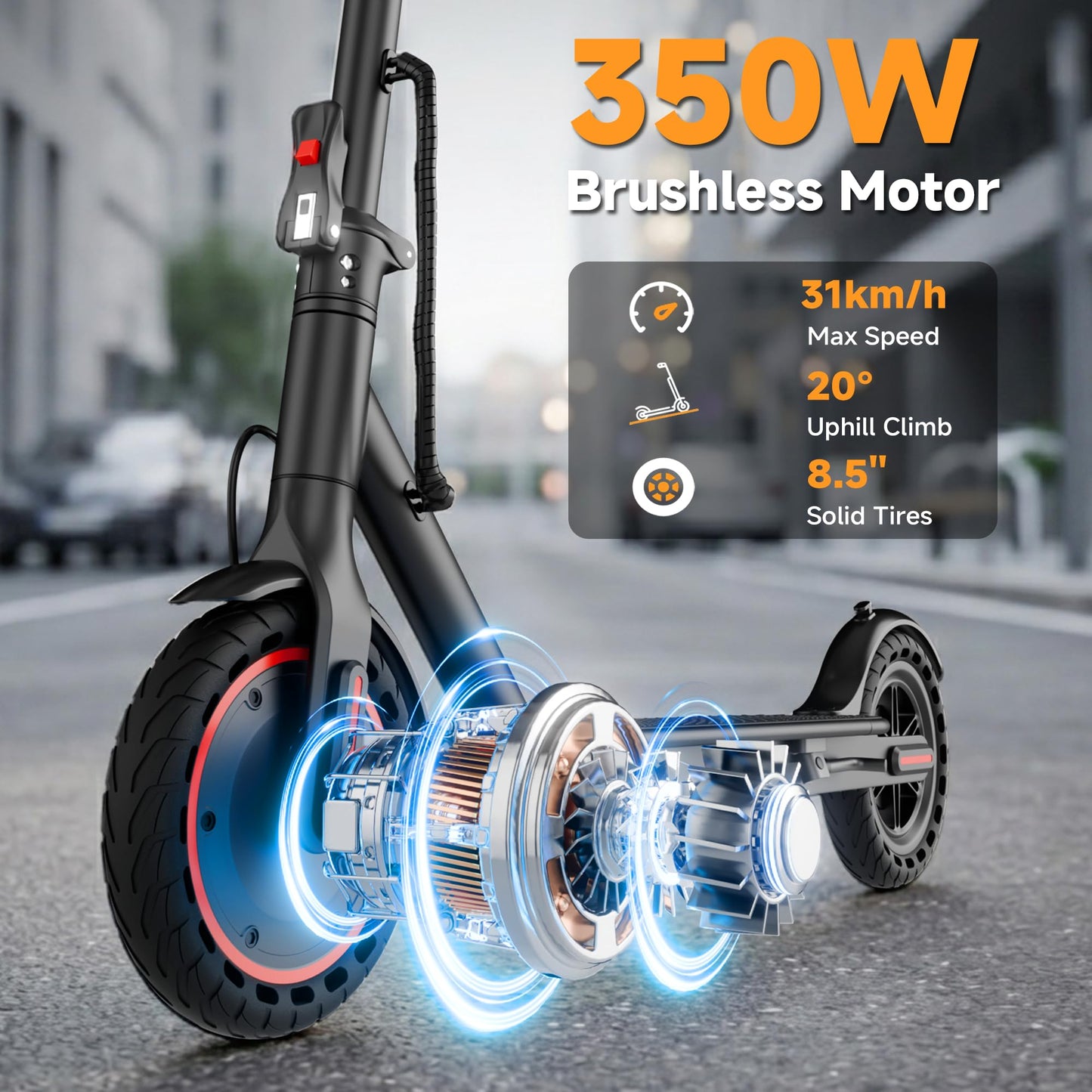 Qlaway Electric Scooter with Seat for Adults, 8.5'' Solid Tires, 19MPH, 350W Powerful Motor, 15Miles Long Range, Foldable & Portable Commuter Escooter with Dual Braking System, APP Control - Black