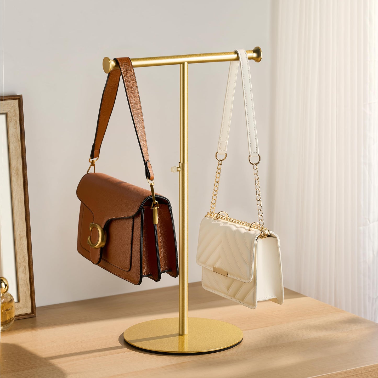 niffgaff T Bar Purse Display Stand Tabletop: Adjustable Height Handbag Holder, Countertop Hanging Rack for Long Necklace Scarf Lanyard, Gold