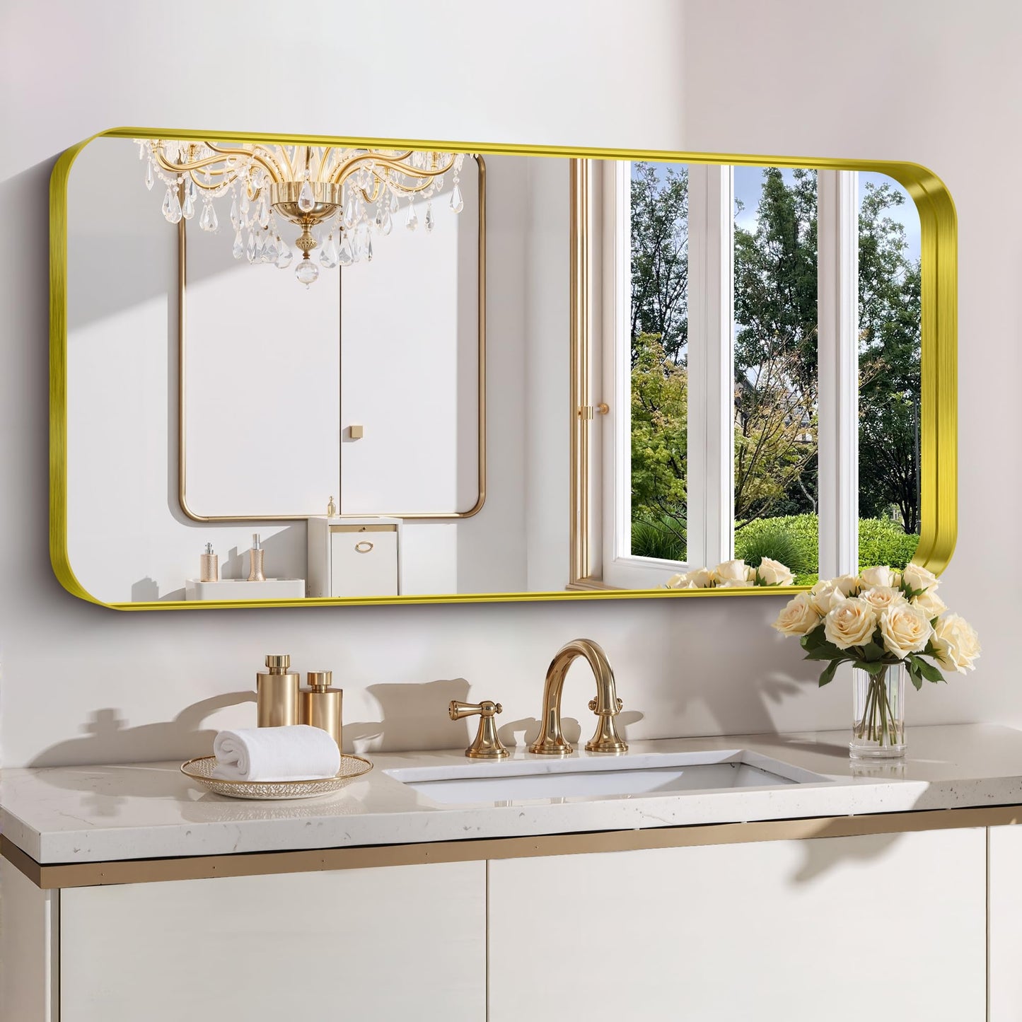 FORBATH 24x48 Inch Bathroom Mirror, Brushed Gold Deep Frame Narrow Wall Mirror with Rounded Corners, Anti-Rust Tempered Glass for Modern Farmhouse Vanity (Horizontal/Vertical)