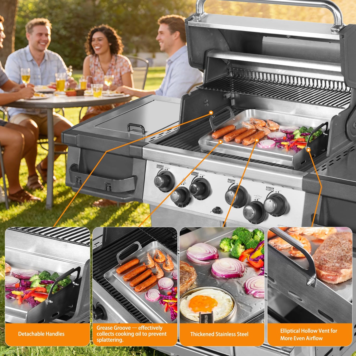 Universal Stainless Steel Griddle For Gas Grill And Gas Stove, 23” X 17” Flat Top Griddle With Handle For Weber, Nexgrill, Charbroils And Kenmore, Gas Griddle For Tailgating, Camping, And Party