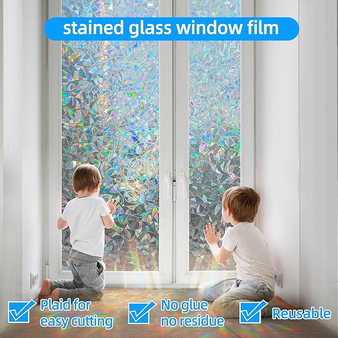 Rainbow Window Privacy Film - 3D Static Cling Sticker, Non-Adhesive Stained Glass Decals for Home Office - Privacy Protection & Decorative Vinyl (Rainbow, 17.5 x 78.7 Inch)