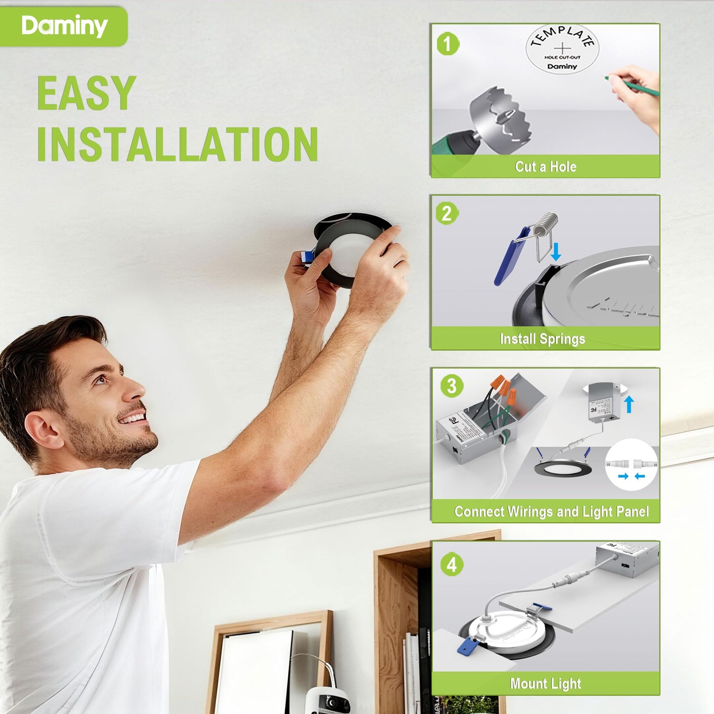 DAMINY 12 Pack 6 Inch Black LED Recessed Lighting with Junction Box,5CCT,Ultra-Thin Recessed Light,10W 1100LM, Dimmable Canless Wafer Ceiling Light, High Brightness