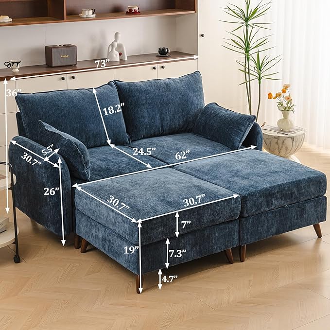 73'' Loveseat Sofa with Seats Storage, Modular Sectional Couch with Movable Ottoman,Oversized Comfy Couch, 7.8'' Thick Cushion,24.5'' Deep Seat,Large Couches for Living Room,Bedroom,Velet,Blue
