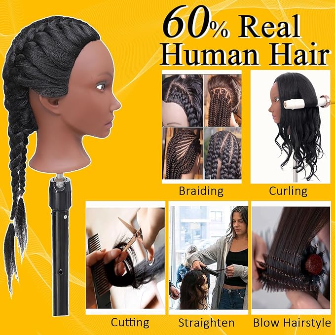 Mannequin Head Human Hair for Cosmetology, Manikin Head with 80% Real Hair for Styling Doll Head Braiding Practice Black Mannequin Heads Hairdresser Hairstylist Kids with Free Clamp Holder